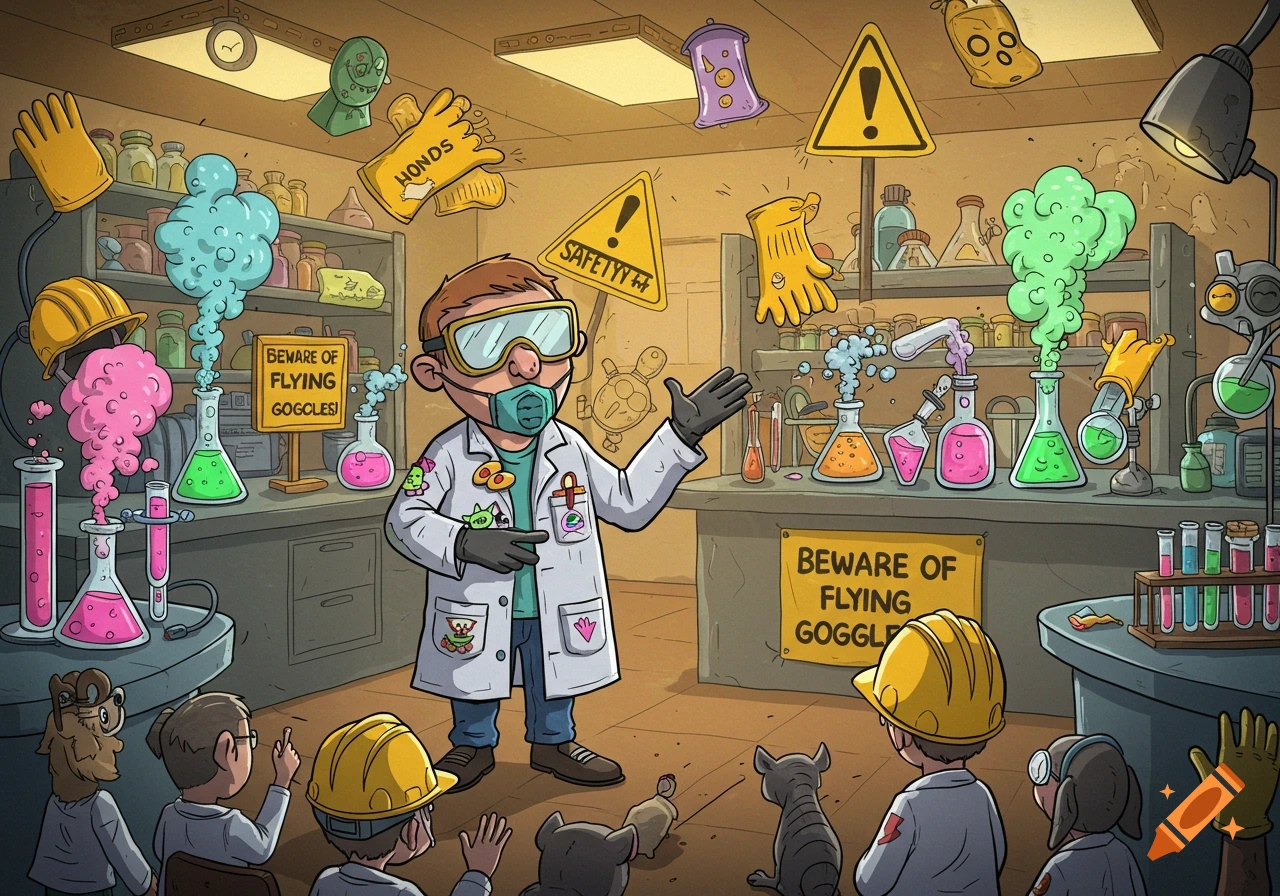 A cartoon scientist in a lab coat and goggles gestures to a group of children, surrounded by bubbling beakers, test tubes, and flying safety gear. Warning signs are visible.