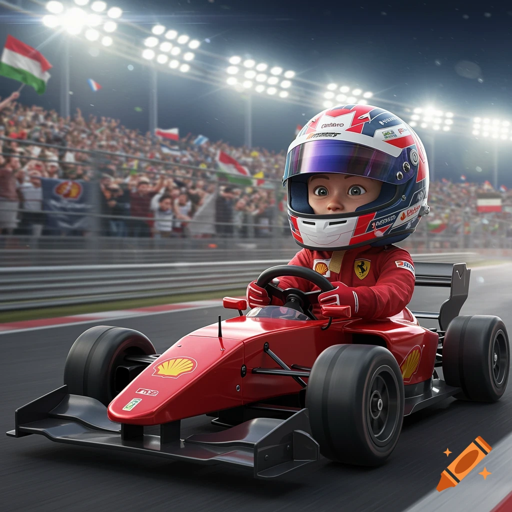 A cartoon child in a red racing suit and helmet drives a red Formula 1 style car on a track, with a cheering crowd in the background.