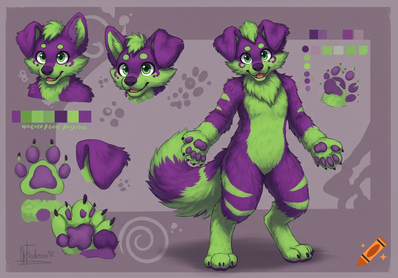 A cartoon reference sheet for a purple and green fluffy dog character, showing full body, headshots, and paw details on a gray background.