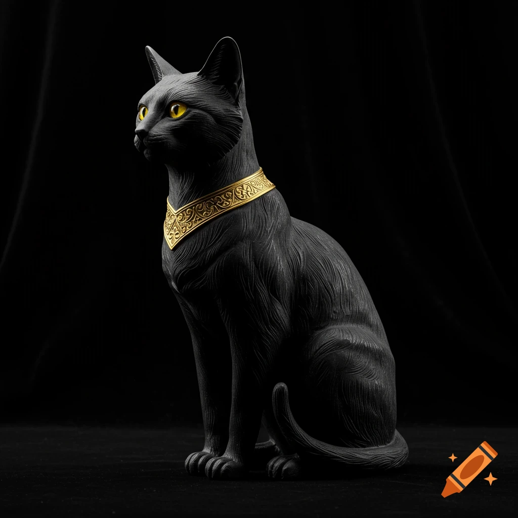 A black cat statue with bright yellow eyes and an ornate gold collar sits elegantly against a dark background, lit from the side.