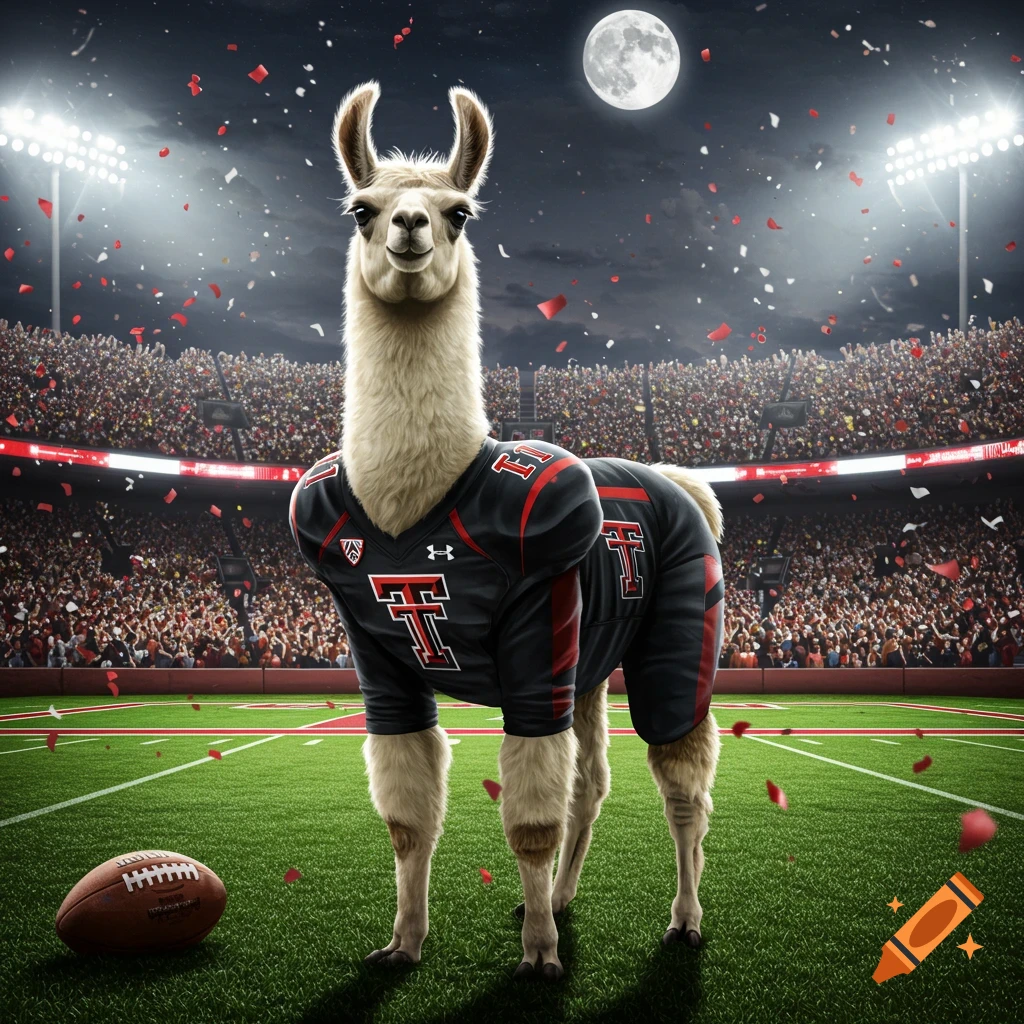 A photorealistic llama wearing a black Texas Tech football uniform stands on a stadium field with a football, under a full moon and confetti.