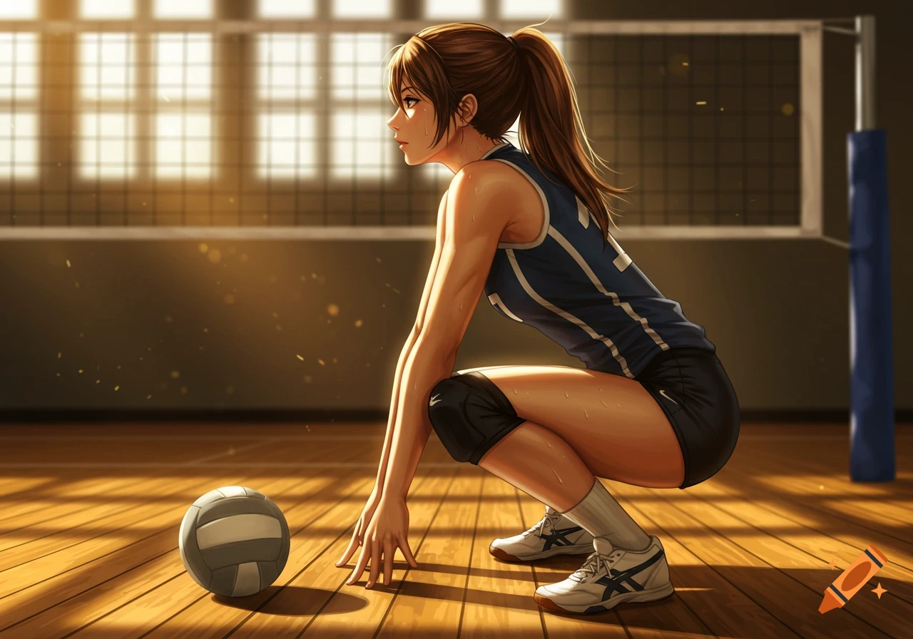 An anime-style female volleyball player with brown hair in a ponytail crouches on a wooden court, ready for action.