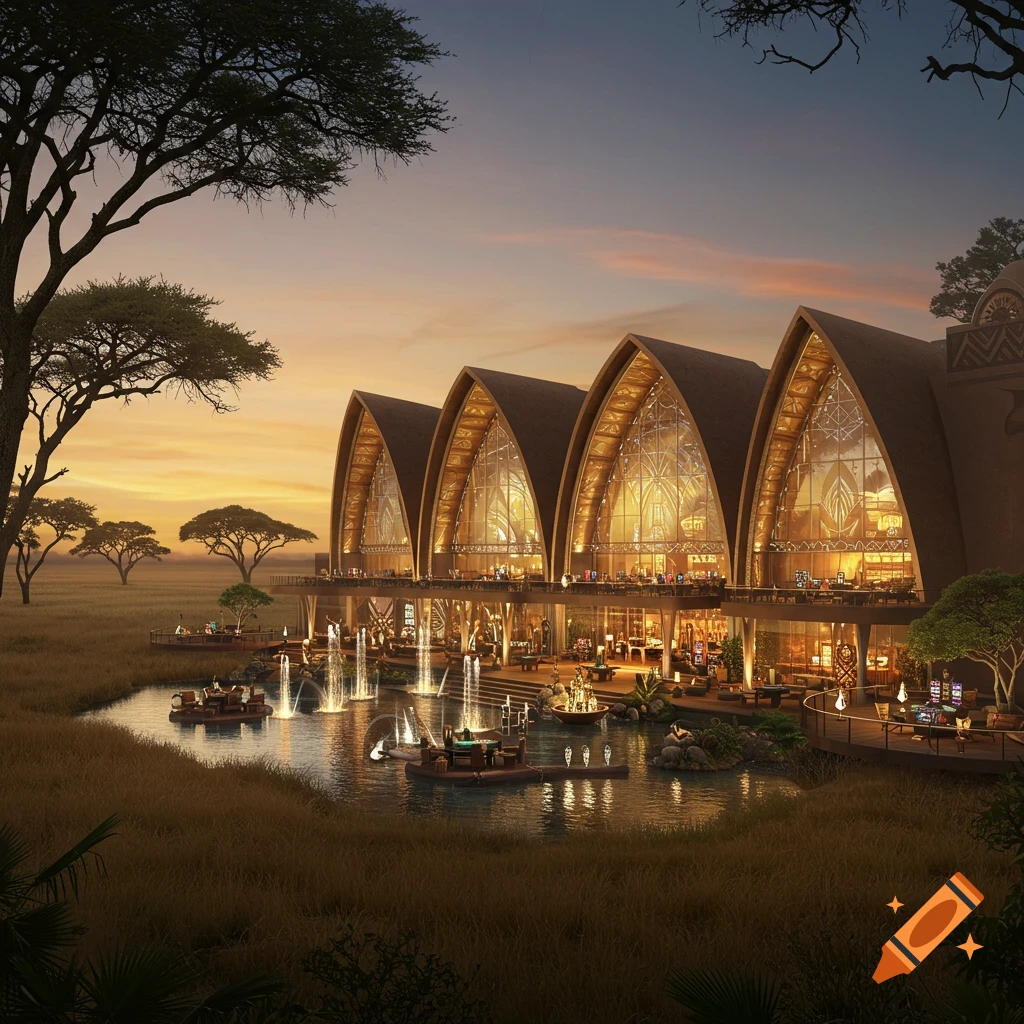 Luxurious savanna resort with distinctive architectural buildings, illuminated interiors, and water features at sunset, photorealistic.