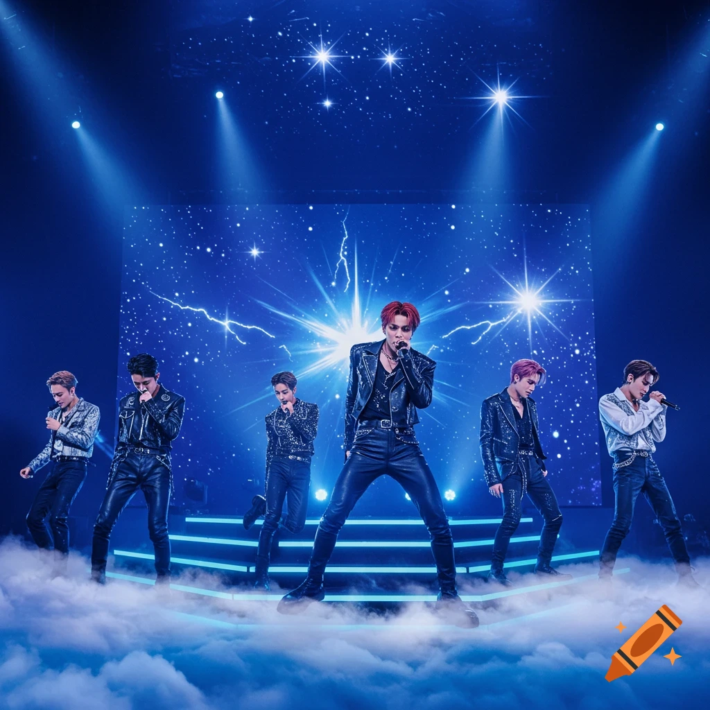 A male K-pop group performs on a blue stage with fog and a starry, lightning-filled background, lit by spotlights.