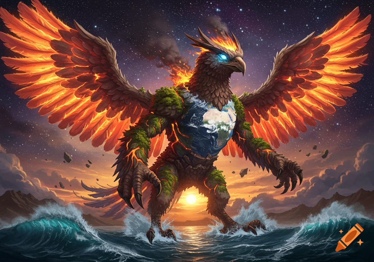 A colossal elemental bird-like monster, with fiery wings and a body of earth, rock, and lava, stands in the ocean under a starry, sunset sky.