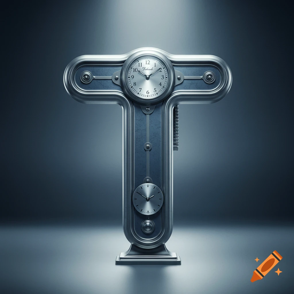 A sleek, metallic letter T forms a stylized clock with two faces, gears, and rivets, reflecting on a dark surface.