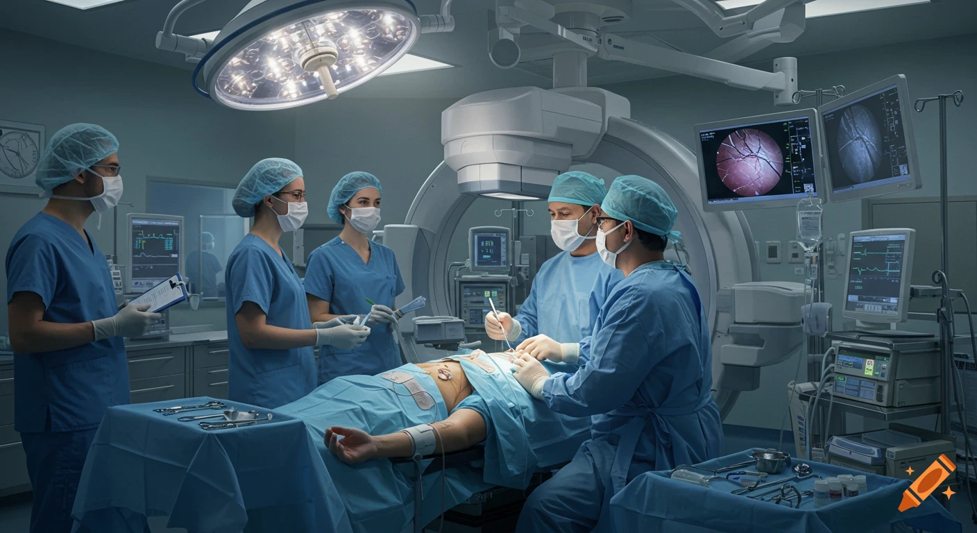 Photorealistic image of a surgical team performing a procedure in a brightly lit operating room with medical equipment and monitors.