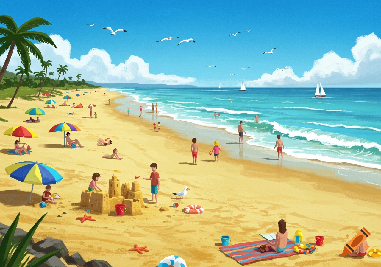 An illustration of a vibrant beach scene with many people swimming, sunbathing, and building sandcastles under a clear blue sky.