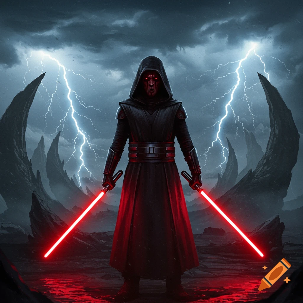 A hooded dark figure with red eyes and two glowing red lightsabers stands on a desolate landscape under a stormy, lightning-filled sky.