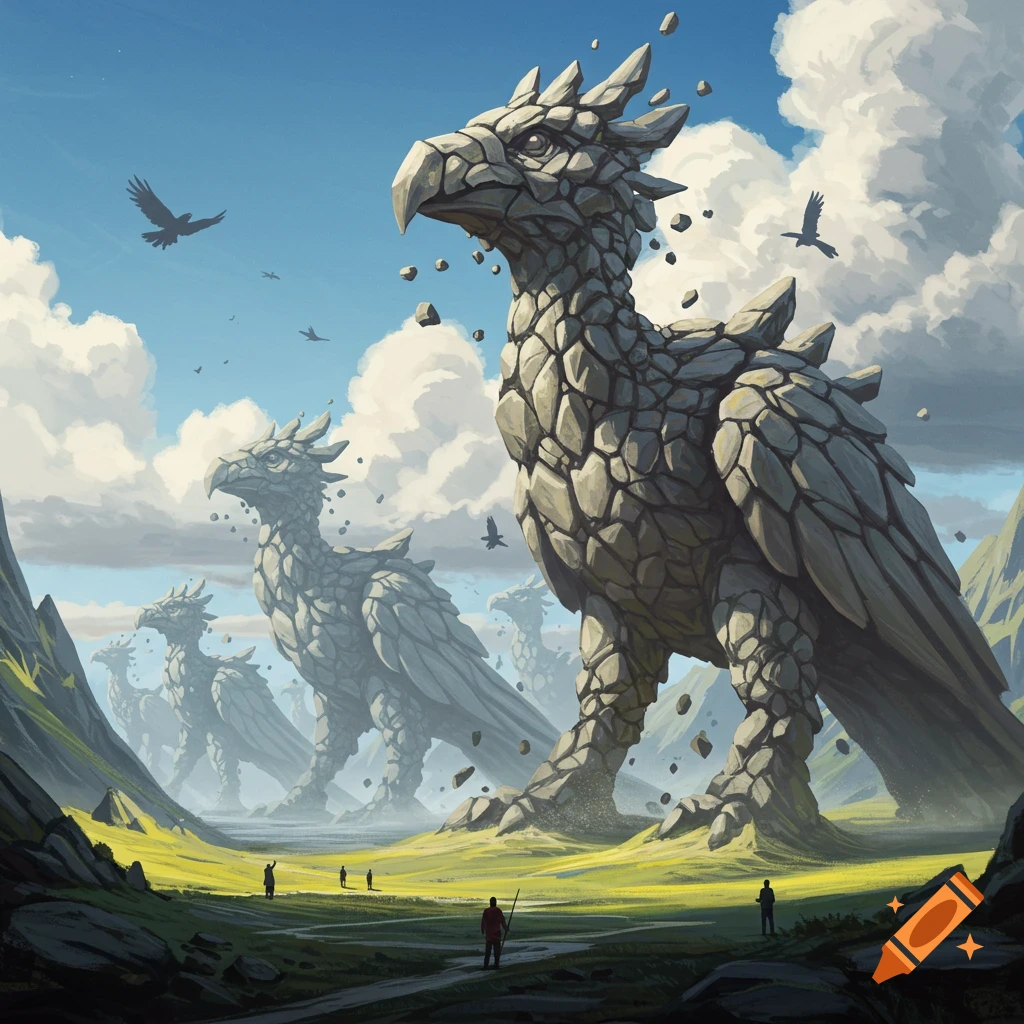 Massive stone bird creatures rise from a green valley under a blue sky, observed by tiny humans. Floating rock fragments. Epic fantasy art.