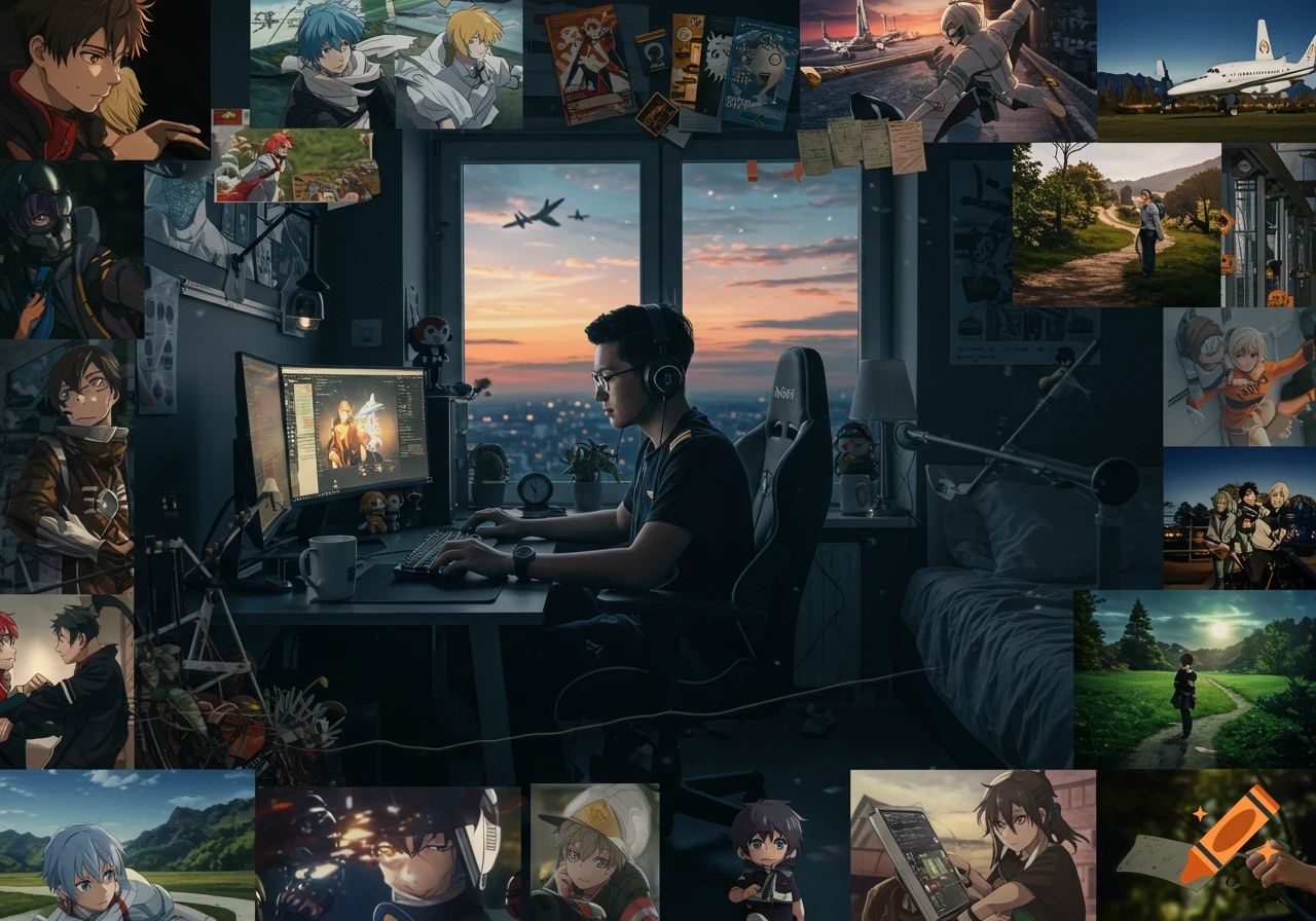 A man in headphones sits at a computer desk in a room, with a city view at sunset outside. The walls are covered in a collage of various anime and photorealistic images.