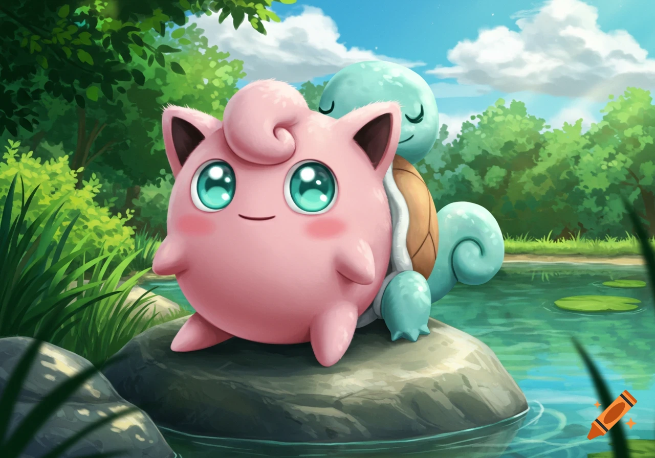 A pink Jigglypuff and a light blue Squirtle sit together on a rock by a pond in a lush green forest, in a cartoon style.