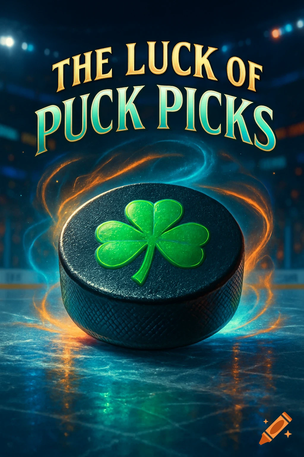 A close-up of a hockey puck with a glowing green shamrock on ice, surrounded by orange and blue glowing wisps, with the text "THE LUCK OF PUCK PICKS" above.