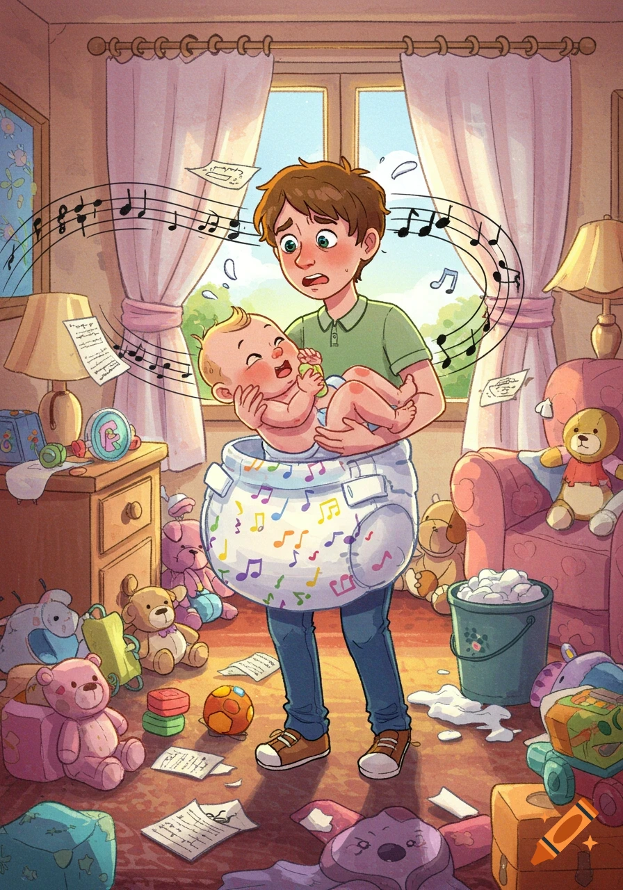 An illustration of a stressed father holding a crying baby, standing in a giant diaper, surrounded by a messy room with toys and papers.