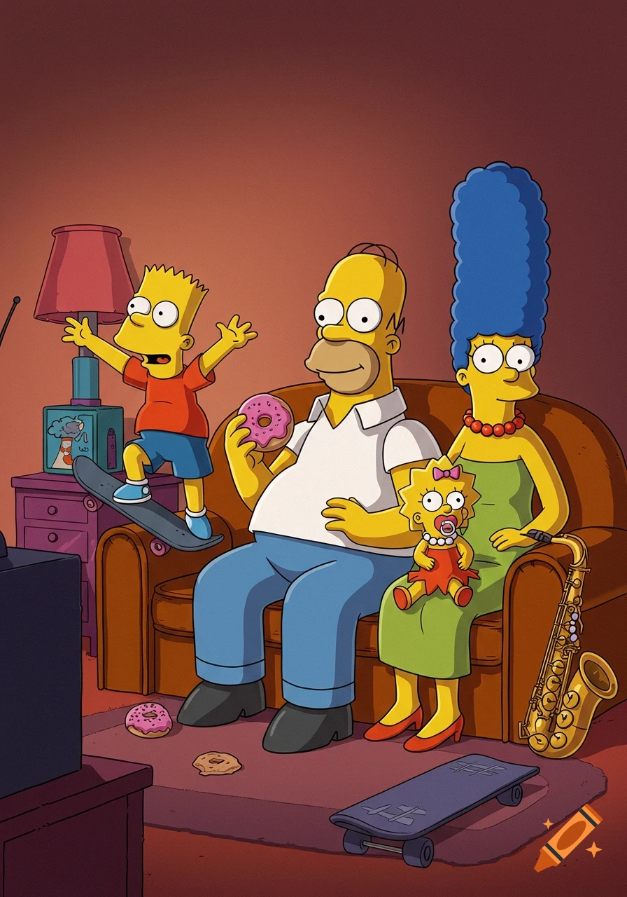 The Simpsons family in their living room. Bart is on a skateboard, Homer holds a donut, Marge sits beside him, and baby Lisa is on her lap, in a classic cartoon style.