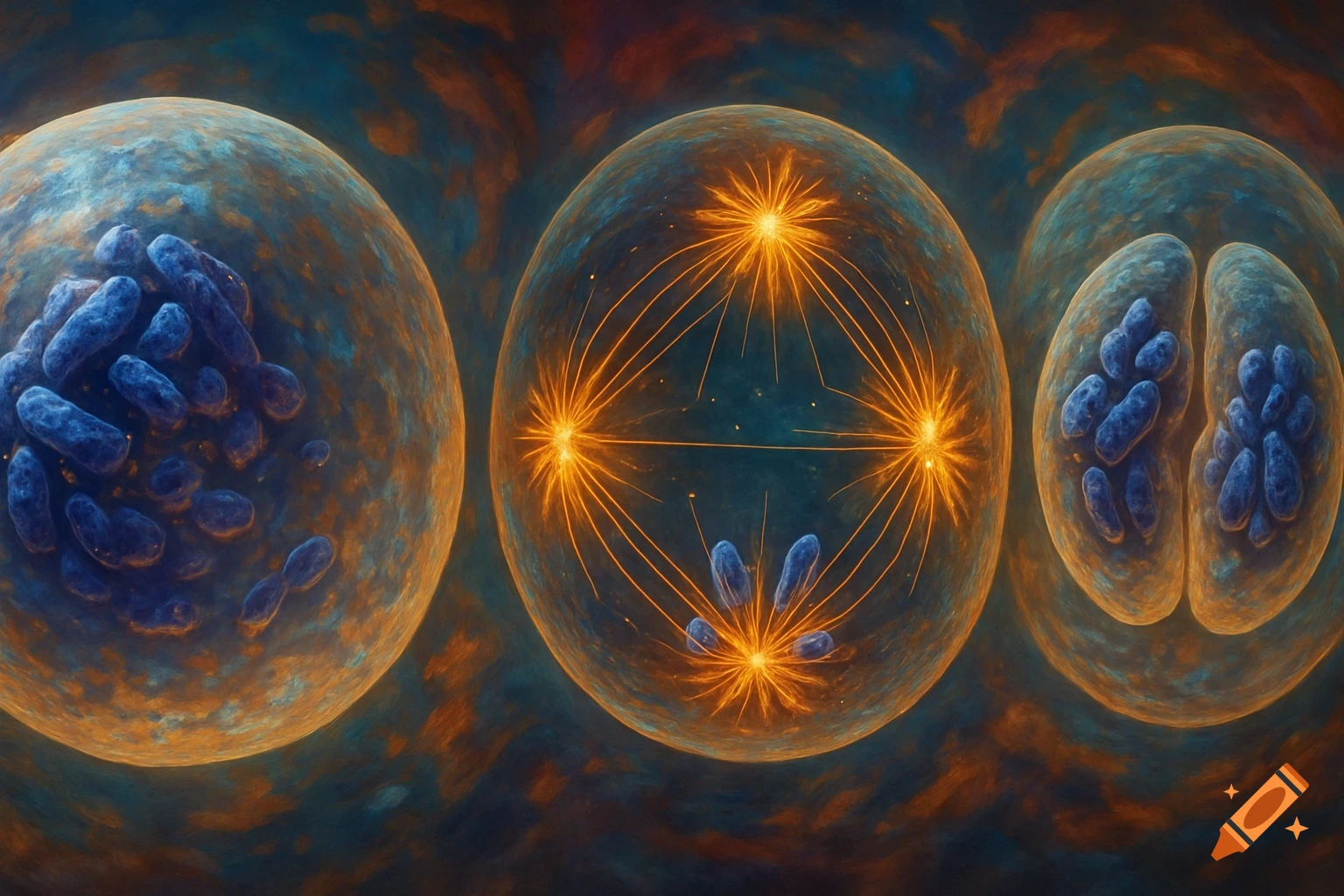 Microscopic view of three stages of animal cell mitosis with blue, chromosome-like structures and glowing orange spindle fibers.