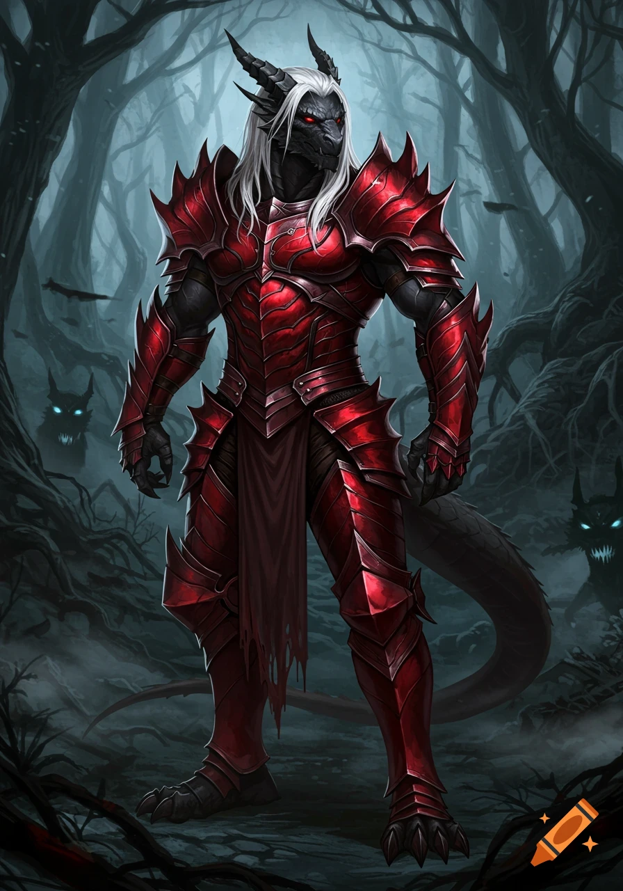 A black dragon humanoid with white hair and red spiked armor stands in a dark, misty forest with glowing-eyed creatures.
