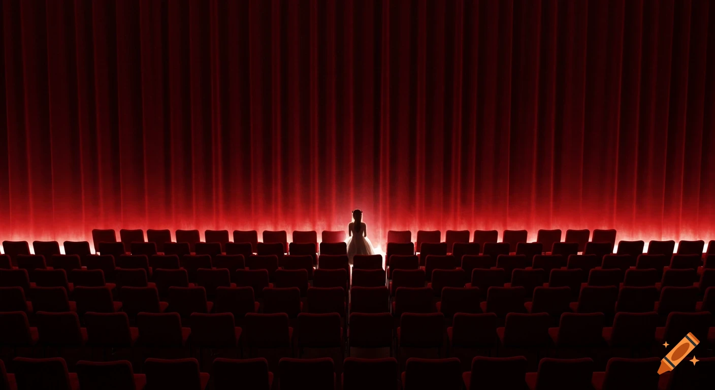 A lone girl sits in an empty auditorium facing illuminated red velvet curtains.