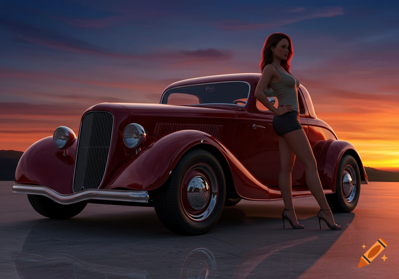 A woman in a tank top and shorts poses next to a red vintage hot rod at sunset.