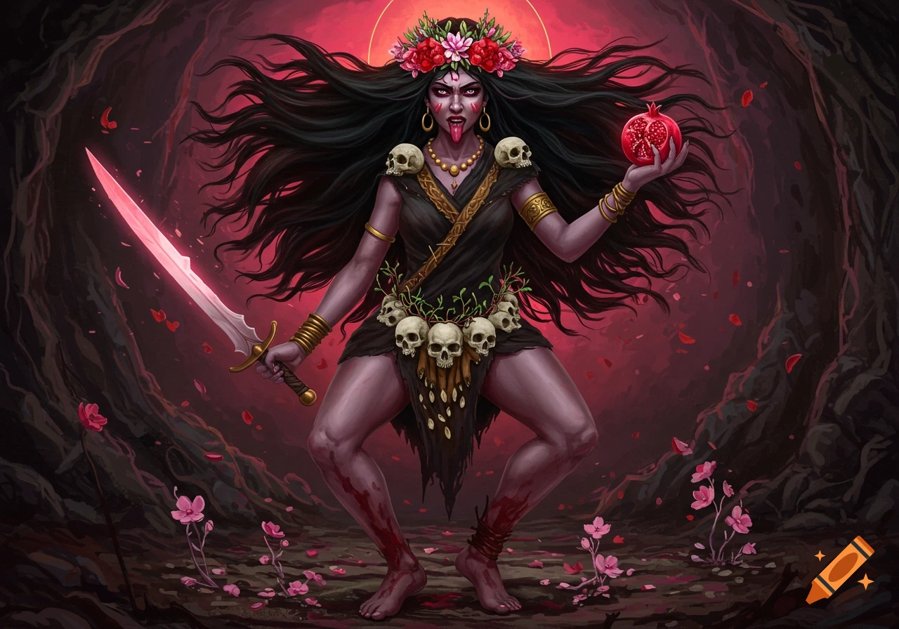 Fierce dark goddess with wild hair, floral crown, glowing sword, and pomegranate in a dark, blossoming realm.