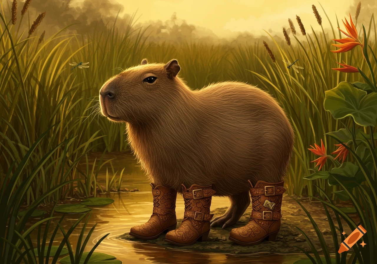 Whimsical illustration of a capybara wearing brown cowboy boots, standing in a marsh surrounded by tall grass, water, and dragonflies.