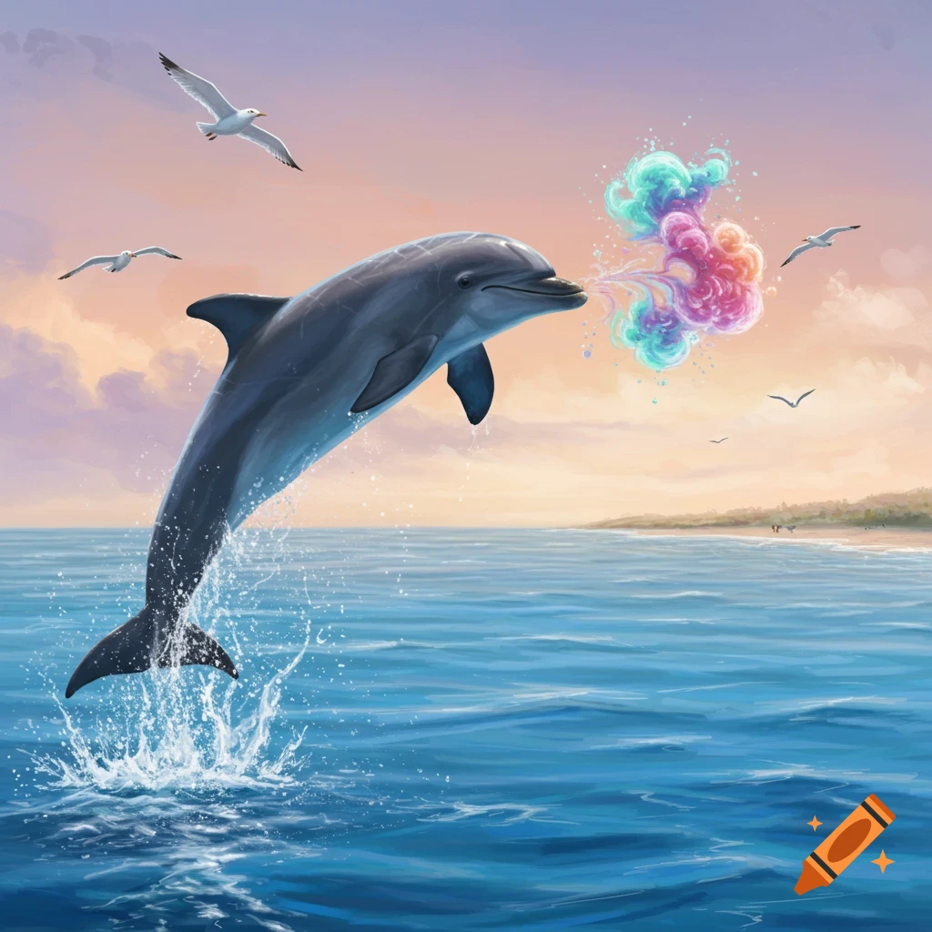 A dolphin leaps from the ocean, exhaling colorful vapor into a sunset sky with seagulls and a distant beach.