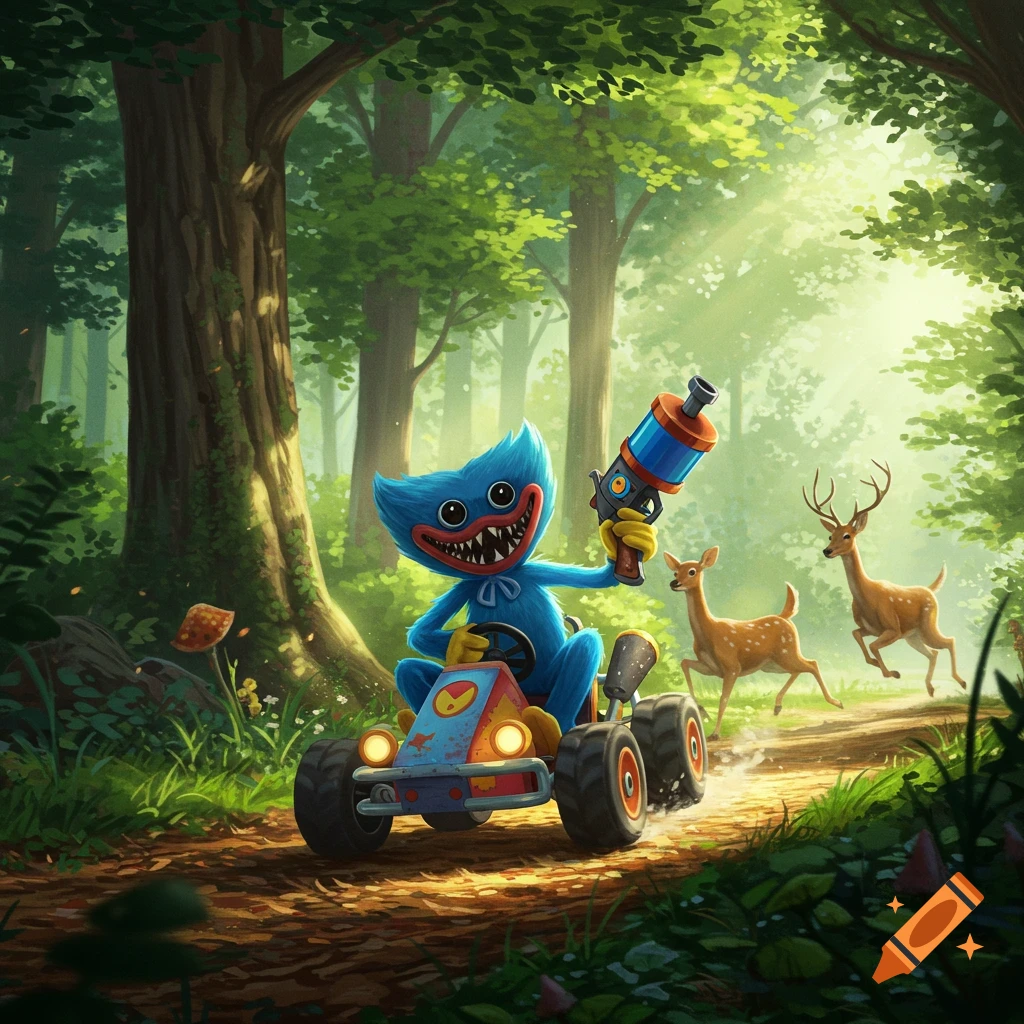 Huggy Wuggy from Poppy Playtime drives a go-kart with a gun through a sunny forest, chasing three deer, in a vibrant illustration.