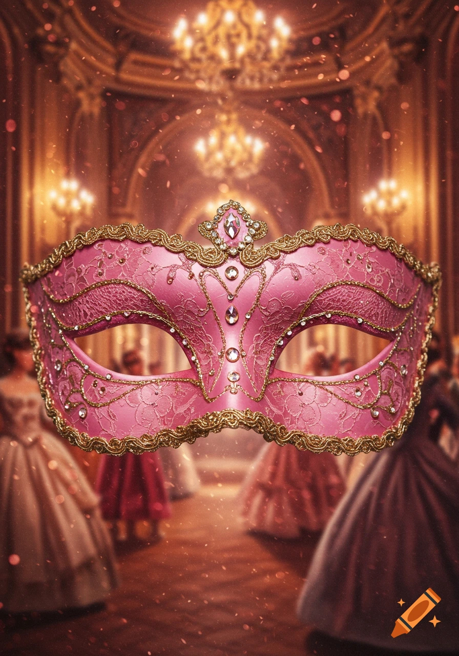 A pink masquerade mask with gold lace and jewels, in a festive ballroom with chandeliers and blurred figures.