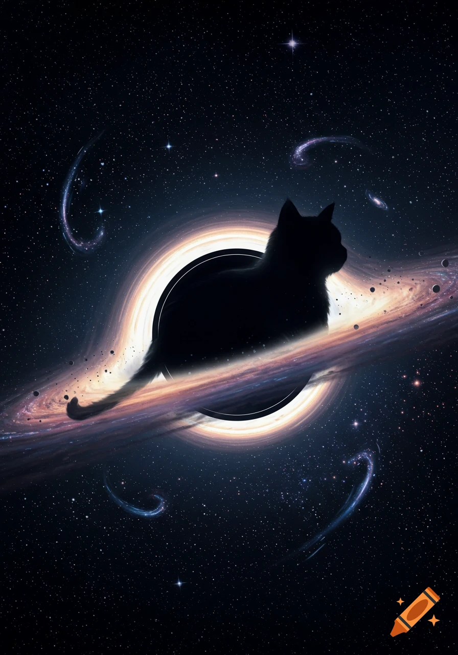A black cat silhouette sits within the glowing accretion disk of a black hole, surrounded by a starry cosmic background.