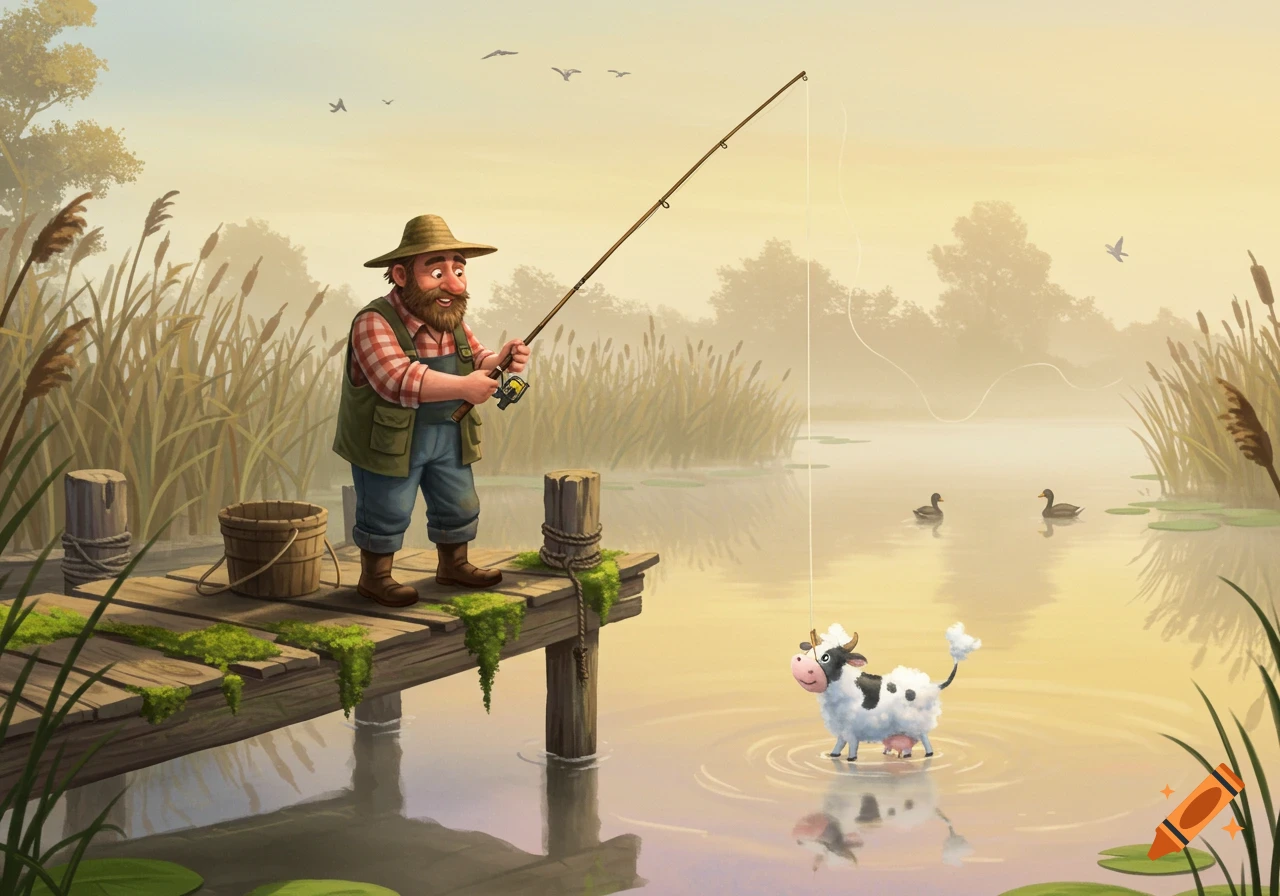 A cartoon farmer fishes from a wooden dock in a misty lake, catching a small, whimsical cow. Ducks swim nearby.