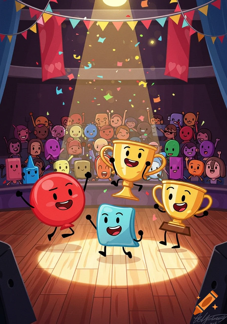 Cartoon characters, including a red balloon, blue pillow, and golden trophies, celebrate on a stage with confetti and an audience.