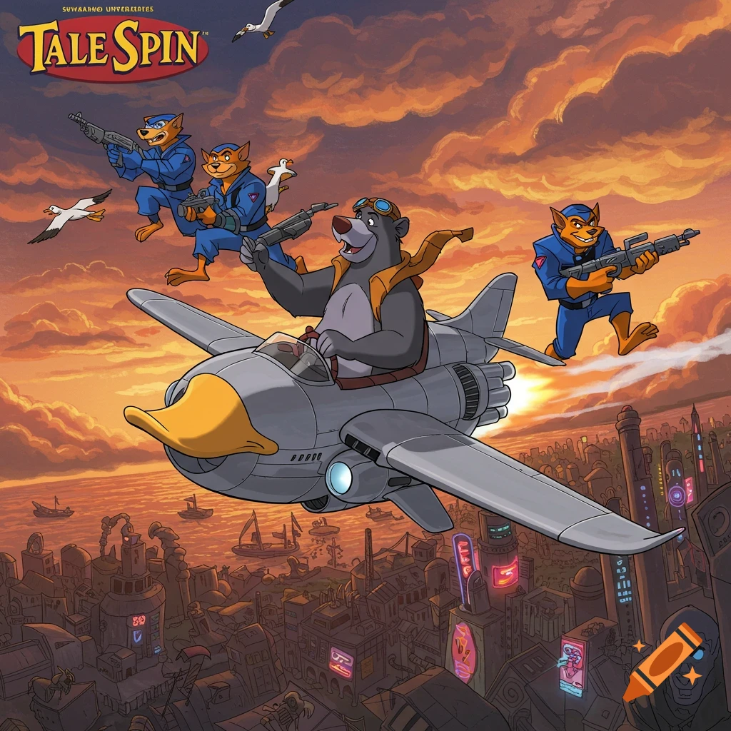 Baloo from TaleSpin pilots a duck-nosed airplane above a city at sunset, while two cat-like figures in blue uniforms with guns fly alongside, in a cartoon style.