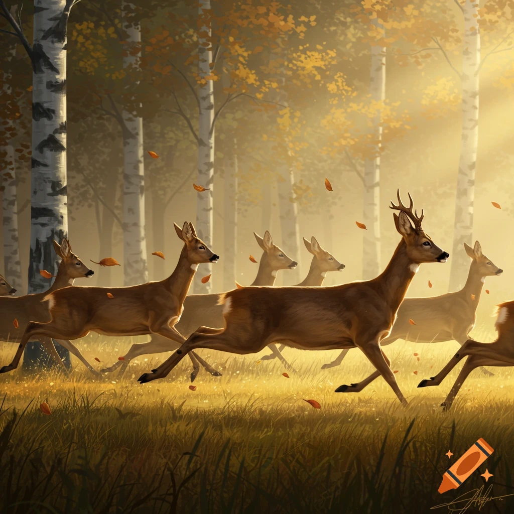 A herd of roe deer running through an autumnal forest, with golden sunlight and falling leaves.