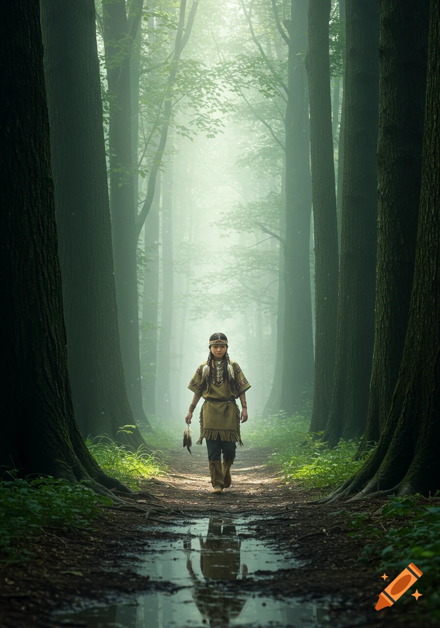 A young Native American girl walks through a misty, tall forest with a feather in hand, reflected in a puddle.