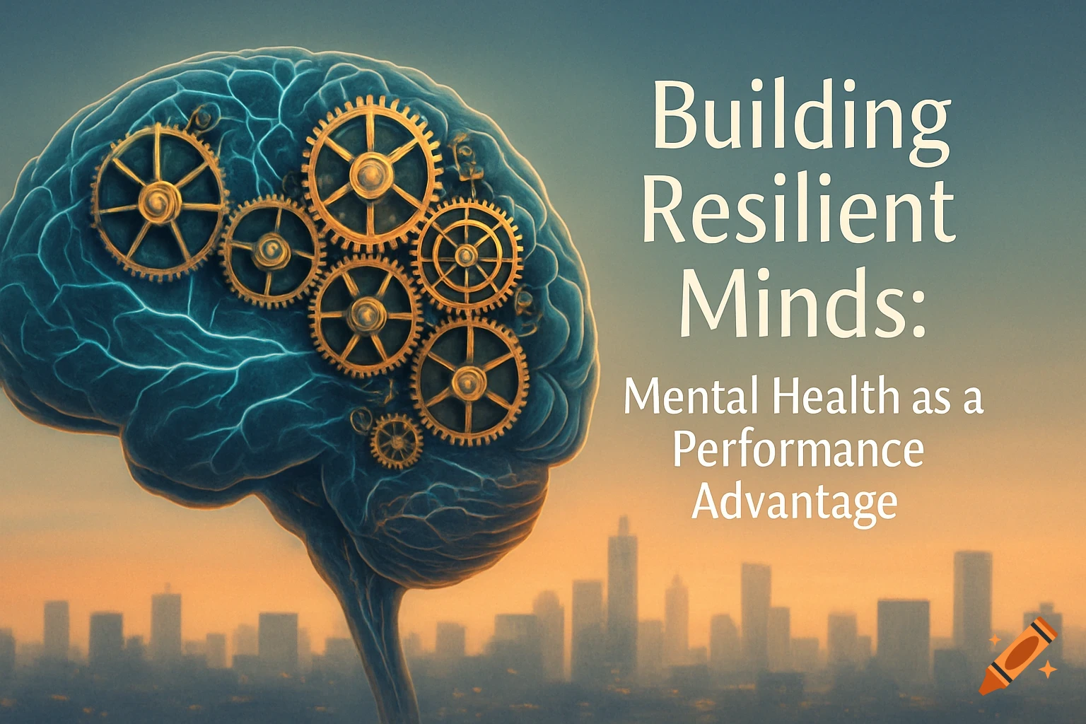 A stylized blue brain with gold gears and glowing lines above a city skyline at sunset, with text about mental health.