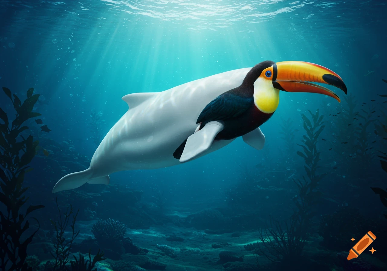 A photorealistic beluga whale with a toucan head and wings swims gracefully underwater with sunrays, kelp, and coral.