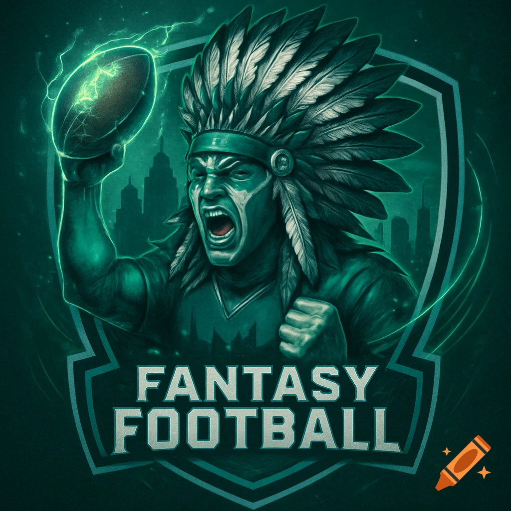 A digital art logo featuring an aggressive man in a feathered headdress roaring, holding a glowing football, with 'FANTASY FOOTBALL' text.