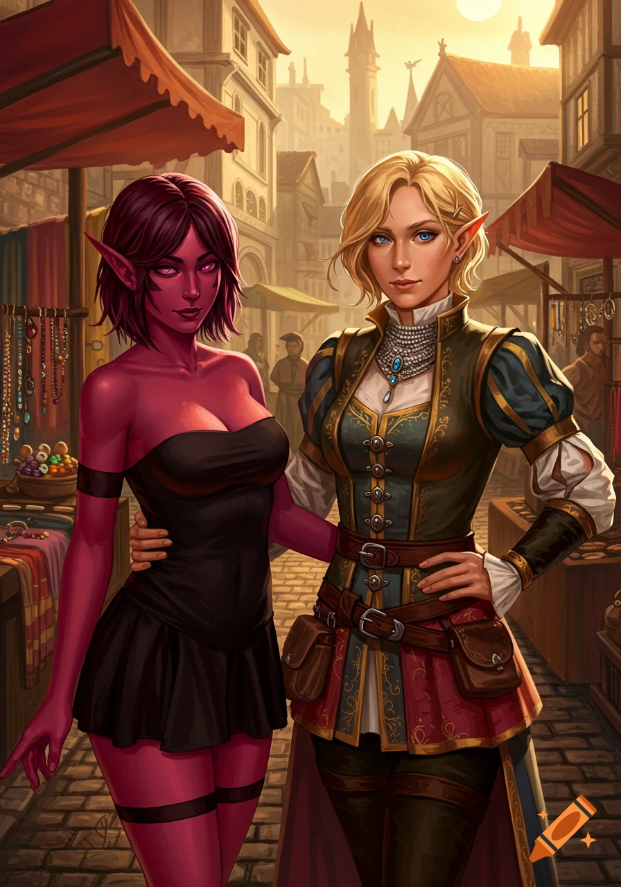 Two fantasy women, one red-skinned in a black dress, the other blonde in a detailed medieval outfit, stand together in a bustling market town.