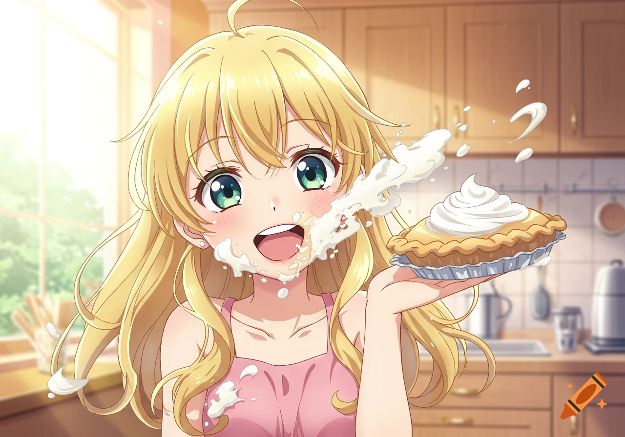 An anime girl with blonde hair and green eyes smiles while covered in whipped cream from a pie, holding a pie in a kitchen.