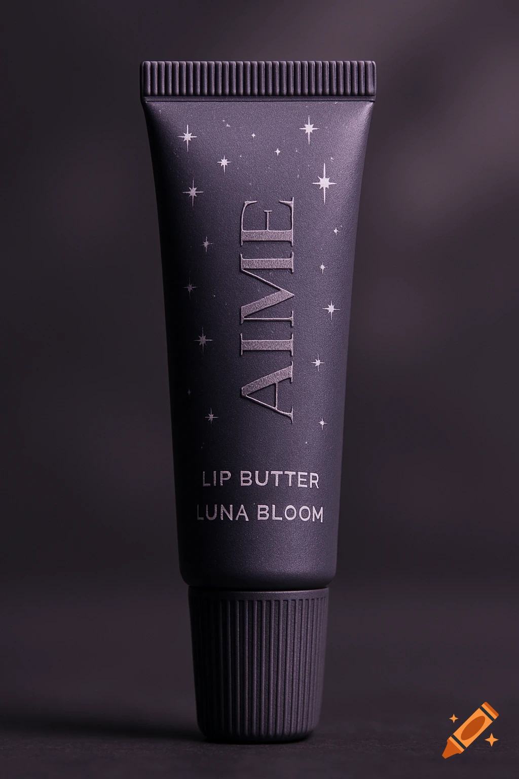 A dark lavender lip butter tube with 'AIME LIP BUTTER LUNA BLOOM' text and stars, on a dark background.