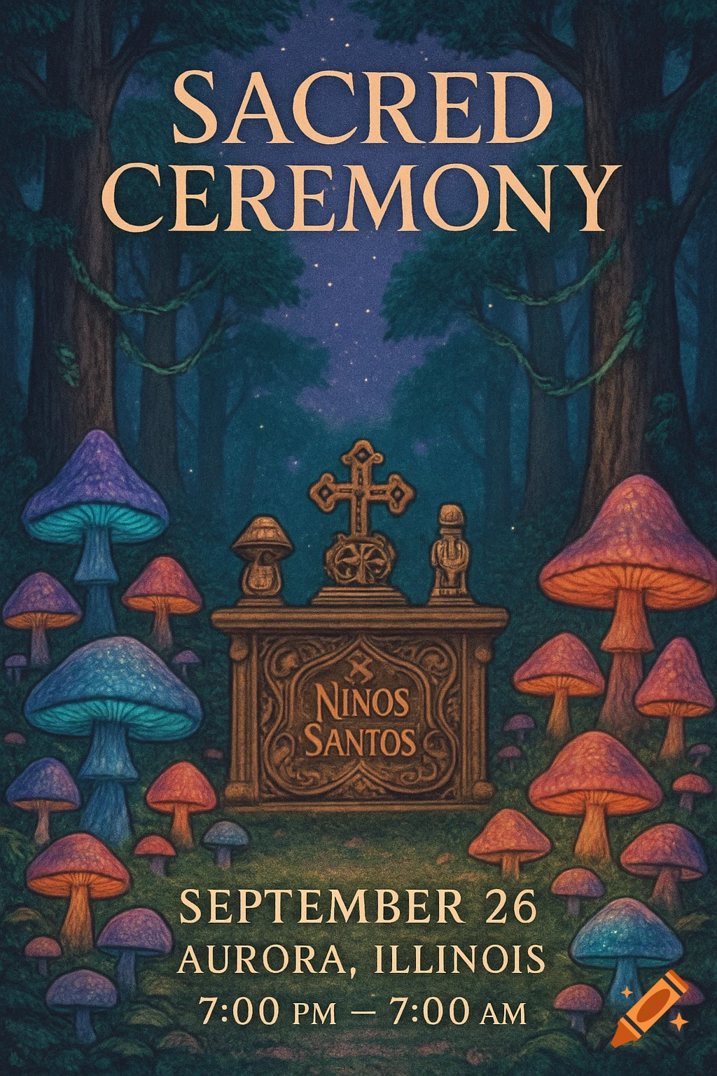 A stylized poster of a sacred ceremony in a mystical forest with glowing mushrooms, an ornate altar, and text for a "SACRED CEREMONY" on "SEPTEMBER 26" in "AURORA, ILLINOIS."