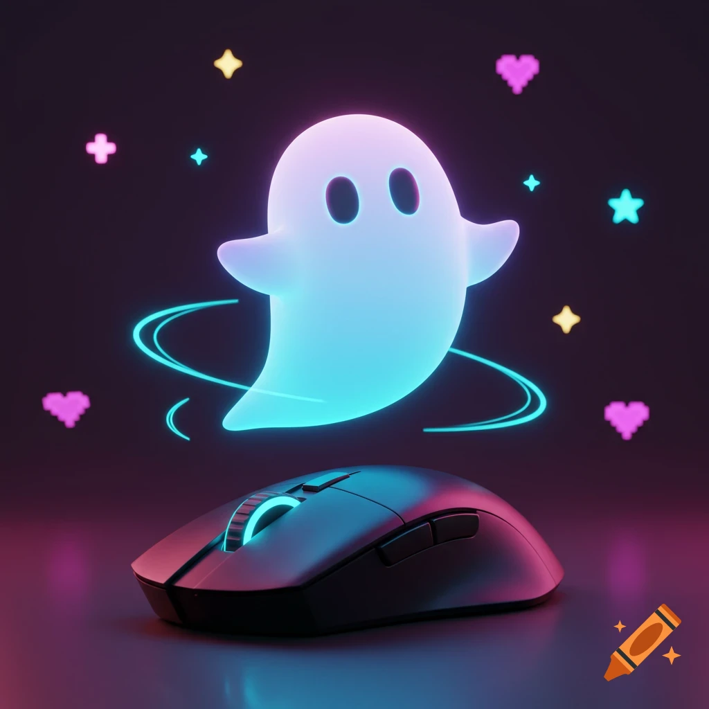 A glowing, cute ghost floats above a gaming mouse, surrounded by pixelated stars and hearts in a neon-lit scene.