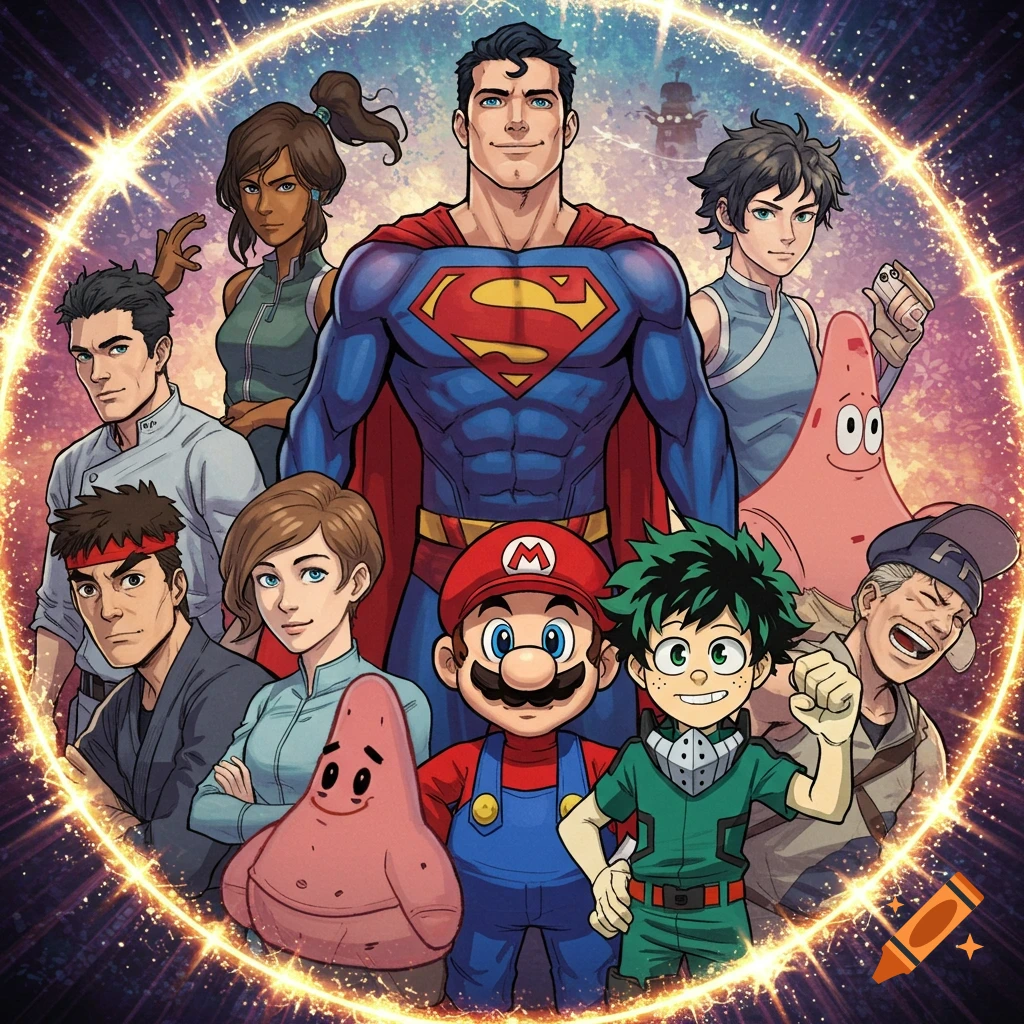 A group of diverse comic, anime, and video game characters like Superman, Mario, and Izuku Midoriya smiling in a golden-ringed circle.