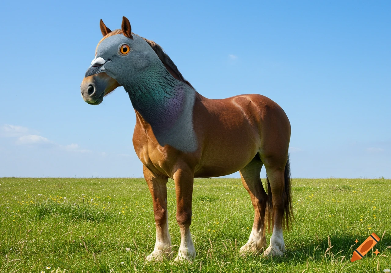 Photorealistic image of a brown horse with a pigeon's head, standing in a green field under a clear blue sky.