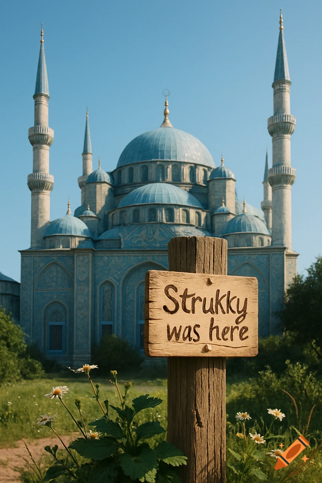 Photorealistic image of a blue mosque with multiple domes and minarets, a wooden sign in the foreground reads 'Strukky was here', surrounded by green grass and wildflowers under a clear sky.