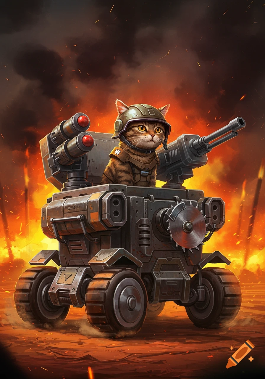 A cute tabby cat in a military helmet and armor pilots a heavily armed, futuristic tank-like vehicle with rockets and a saw blade, amidst a fiery, smoky battleground in a digital painting style.