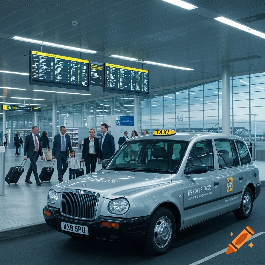 A silver taxi with a yellow 'TAXI' sign parked at an airport terminal, with business people and a child walking with luggage in the background near departure boards.
