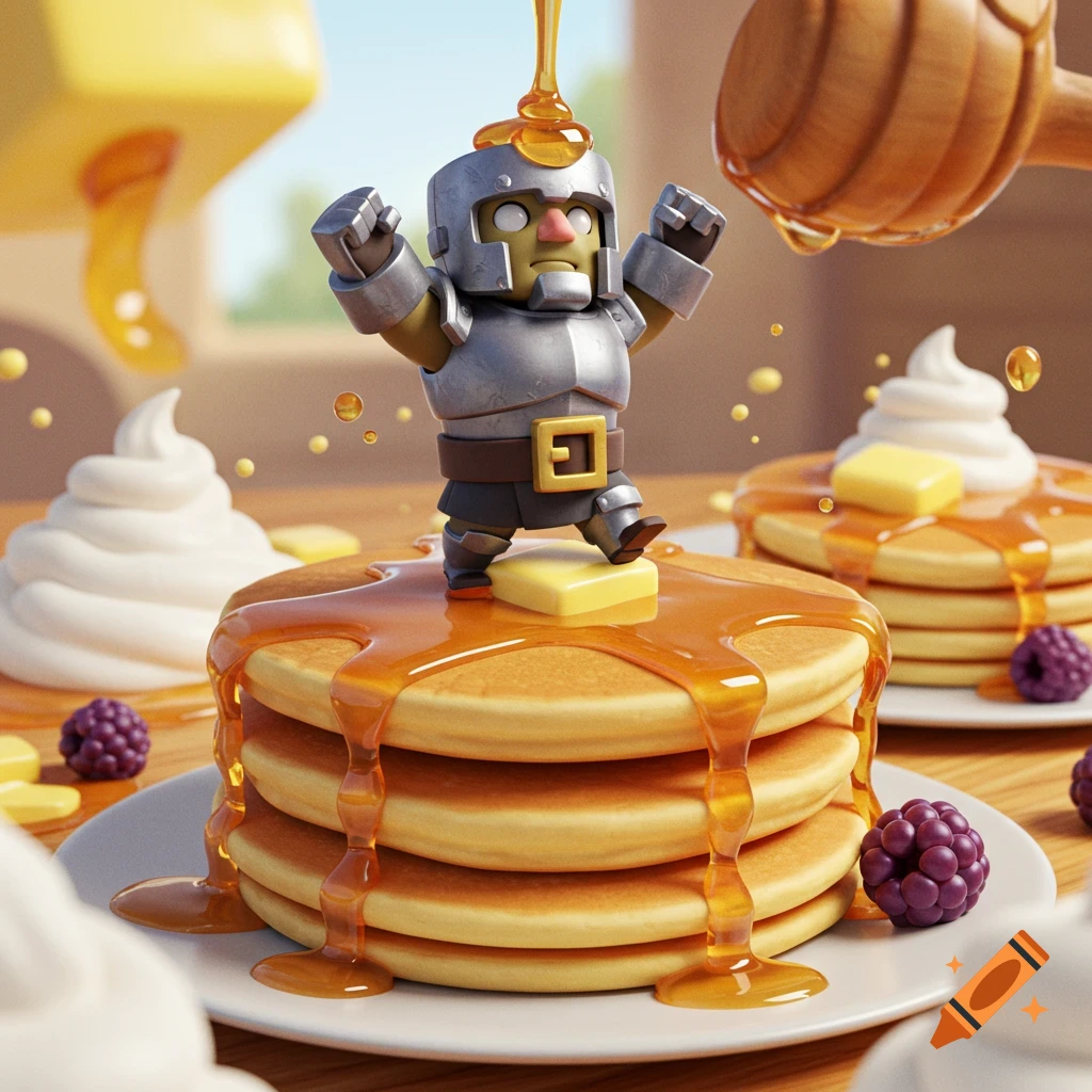 A stylized Mini P.E.K.K.A. character stands on a honey-drizzled pancake stack, with berries and whipped cream.