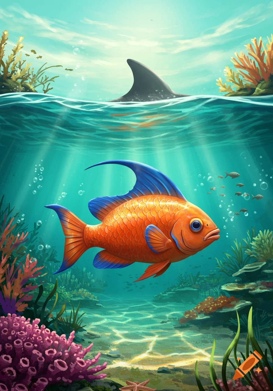 Vibrant illustrated orange fish with blue fins swims in a colorful coral reef; a shark fin emerges above the ocean surface.