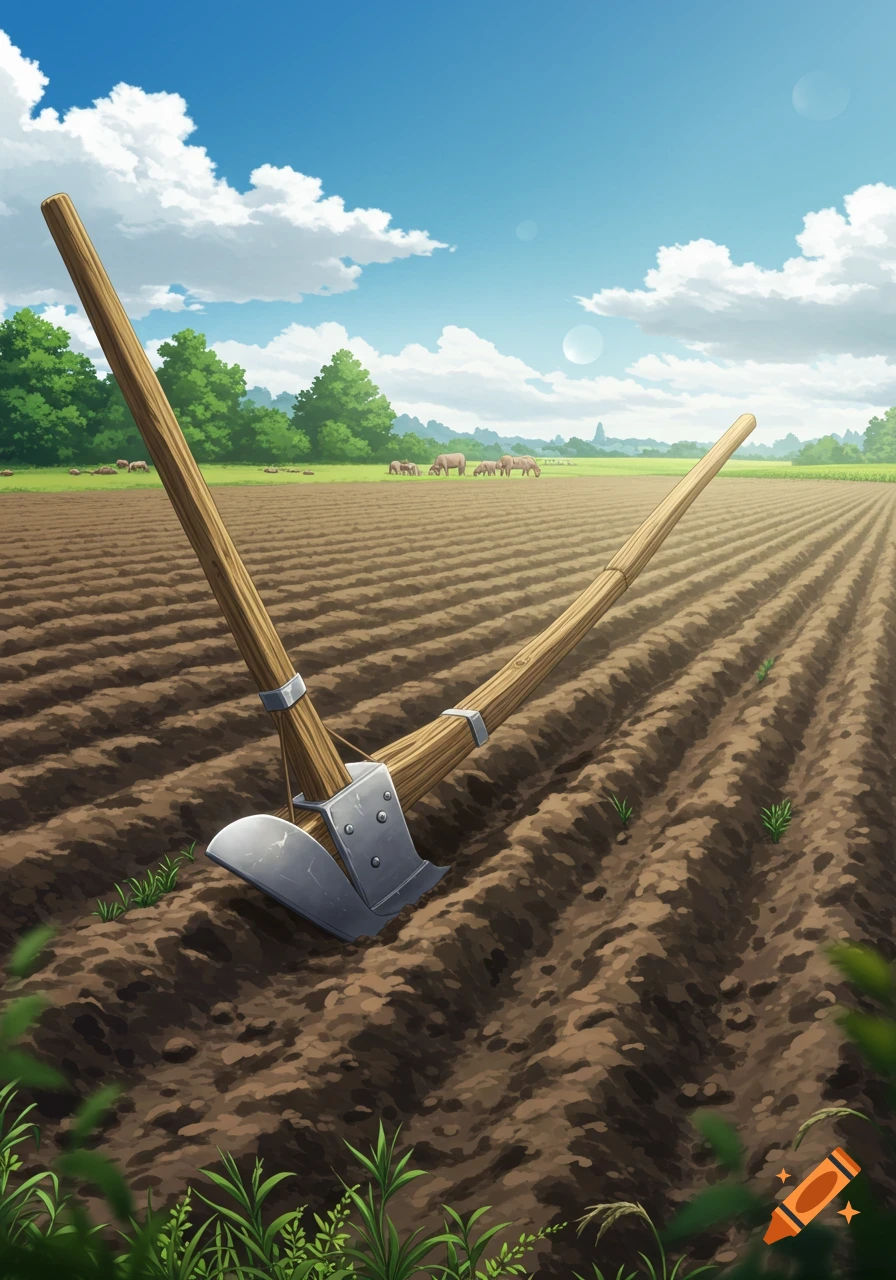 An anime-style image of an ard (plow) in a freshly tilled field under a blue sky, with grazing animals and trees in the background.